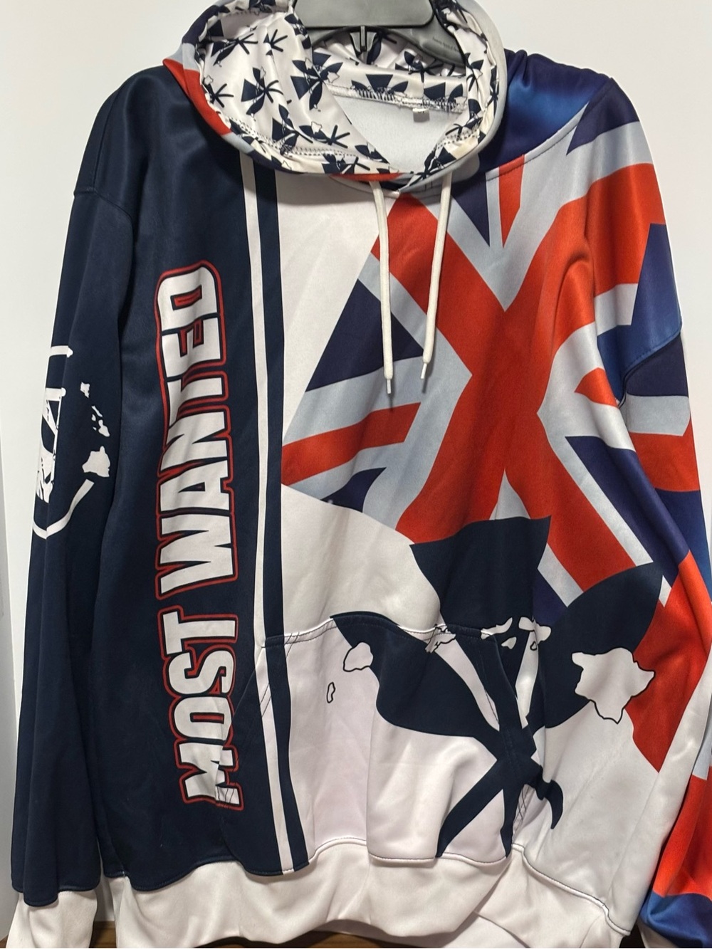 Most Wanted Men's Hoodie- Navy, Red & White Union Jack flag, Hawaii on back